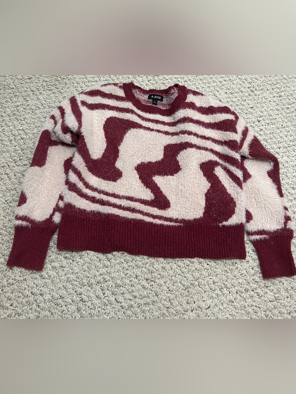 A. Byer Pink and Burgundy Abstract Crew Sweater